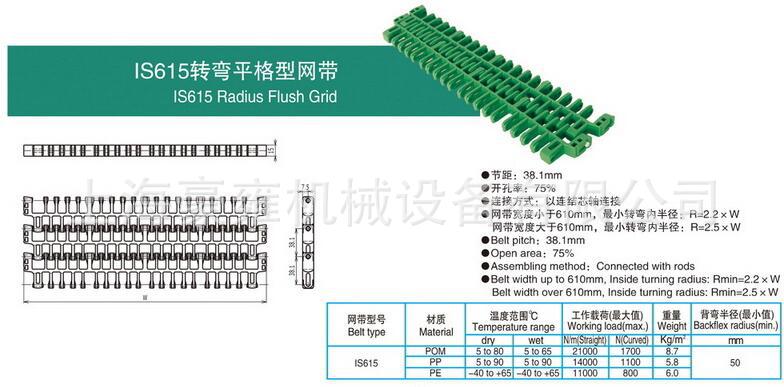 专业快速供应IS615转弯平格型网带 模块式塑料网链