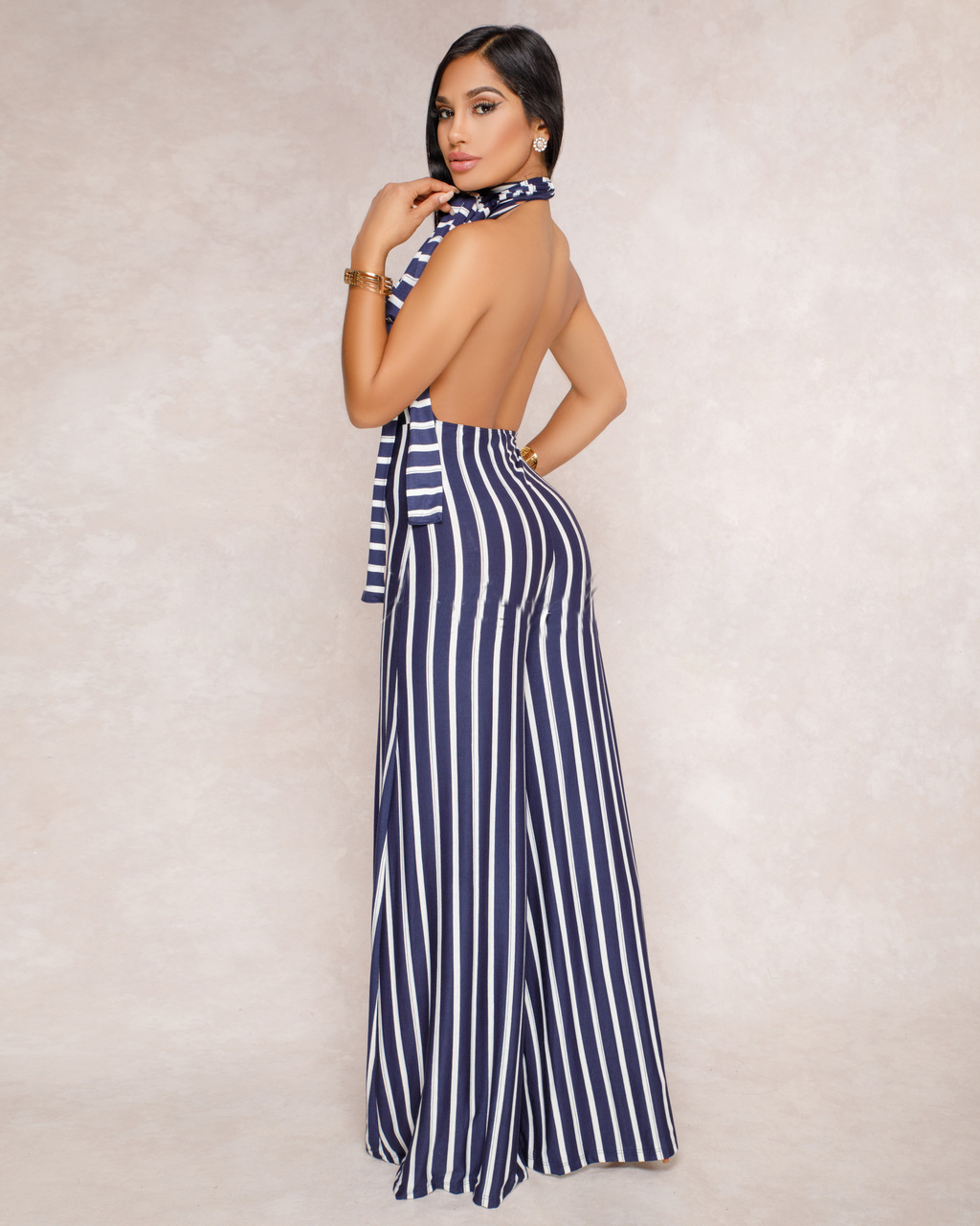 Striped Lace Up Backless Wide Leg Jumpsuit NSMRF116732