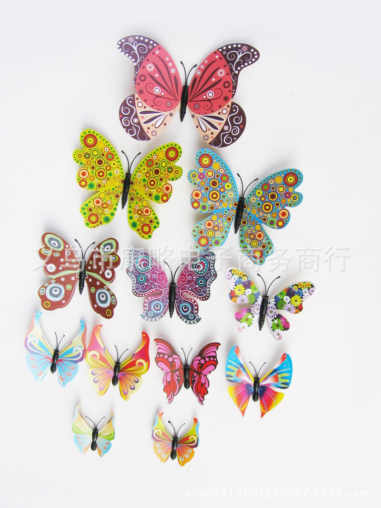 廠家直銷 仿真中國風炫彩12只套裝3D立體蝴蝶 仿真蝴蝶冰箱窗簾