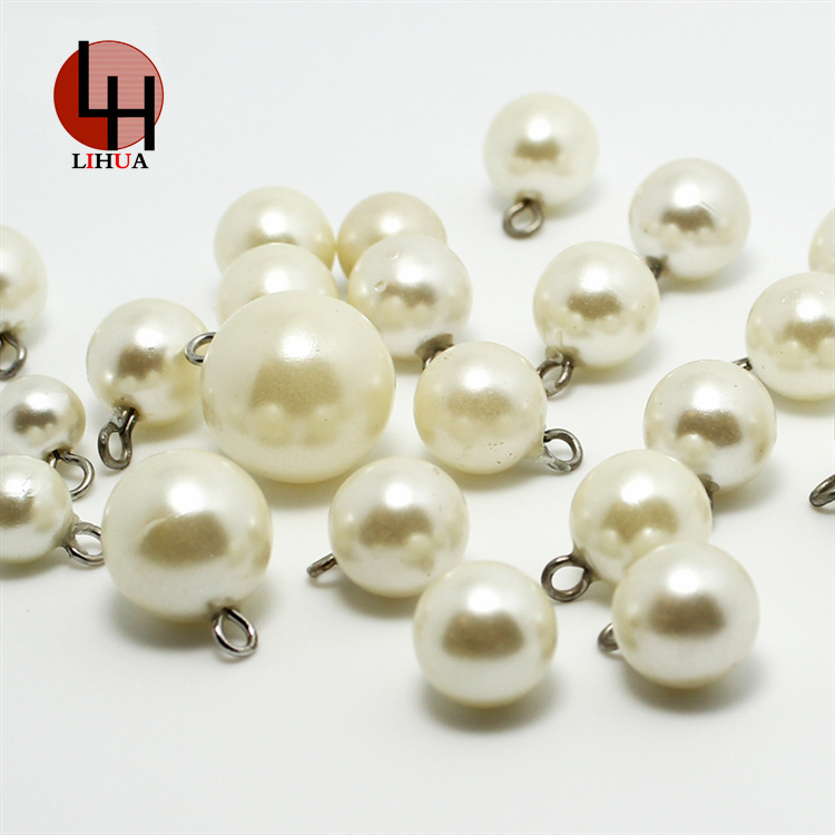 批发塑料珍珠纽扣单环珍珠饰品带吊环水磨珍珠纯铜脚白米白色