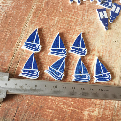 Precision Painted Nautical Series Wood Button Set with Sailboat, Lighthouse, Telescope, Lifebuoy, and Ship's Rudder Patterns