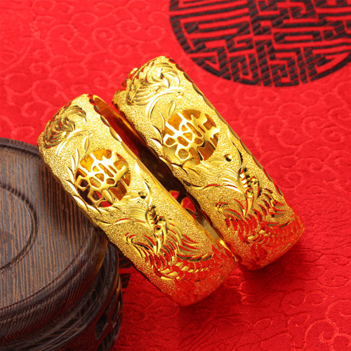 2pcs Wedding party bridal Bracelet Brass Gold-plated Opening Fuxi Dragon and Phoenix Bracelet Imitation Gold Female Bride Wedding Jewelry