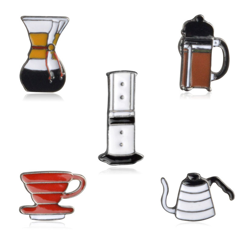 Cartoon Brooch Tea Set Coffee Series Hand Pot/Philharmonic Pressure/Chemex/Filter Cup Drop Oil Brooch Wholesale