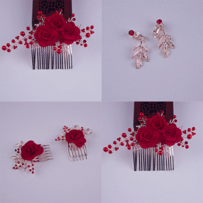 甜美新娘發飾紅色韓式結婚頭花盤發敬酒服配飾蕾絲花朵頭飾套裝