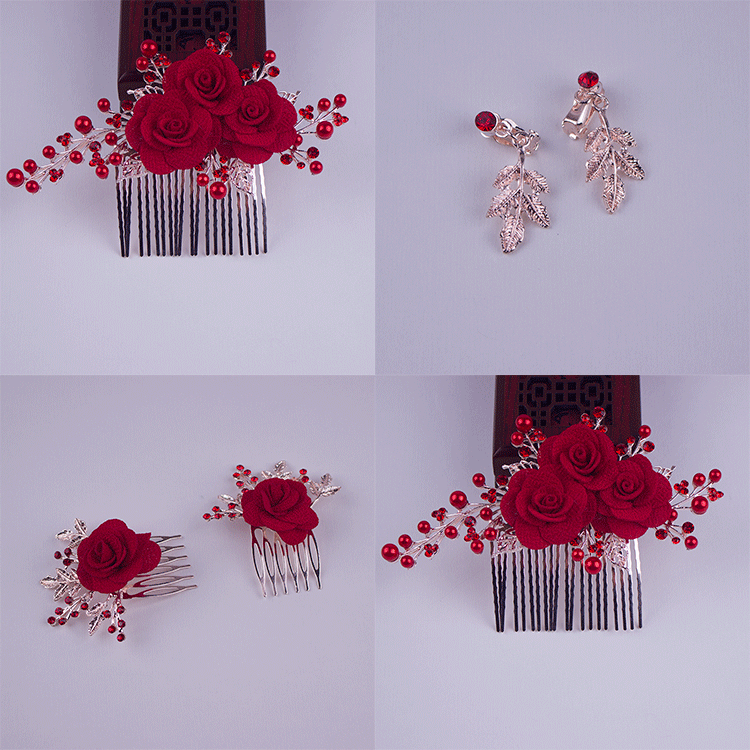 甜美新娘發飾紅色韓式結婚頭花盤發敬酒服配飾蕾絲花朵頭飾套裝