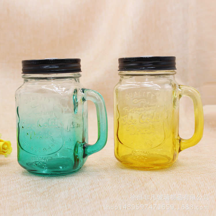 厂家直销渐变色梅森瓶 透明玻璃杯 带盖吸管梅森杯 把子杯果汁杯