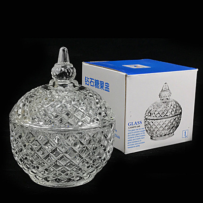 玻璃糖果罐高脚糖缸带盖 装饰水晶雕刻小号水果杯创意欧式储物罐|ru