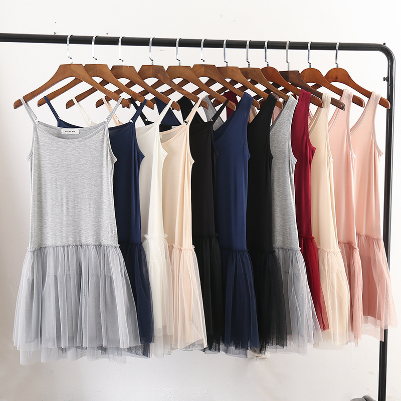Spring and Autumn New Modal Sleeveless Dress Camisole Mid-length Dress Low Waist Mesh Skirt Large Size Base Skirt