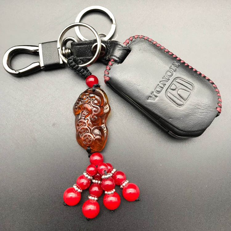 汽車玉石鑰匙扣掛件 男士女貔貅鑰匙鏈情侶招財平安腰扣R-2395