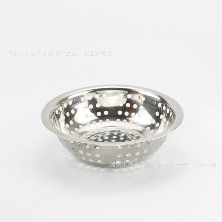 Stainless steel flat-side washing rice sieve 08-hole washing rice pots washing basin punching pot noodles filtering fruit basket 26-42cm