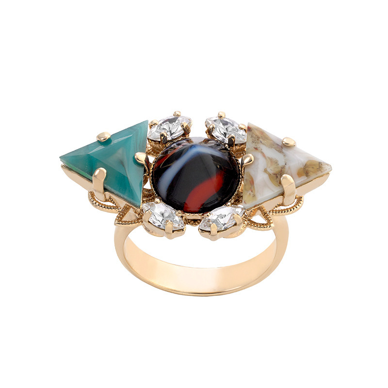 青岛欧美时尚跨境饰品厂家批发个性复古镶钻宝石几何女士戒指指环