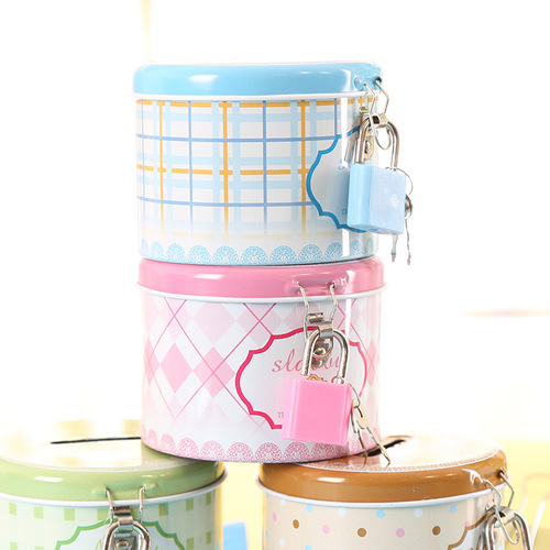 圆形储钱罐卡通创意韩版马口铁零钱罐带锁幼儿园儿童节日礼品铁盒