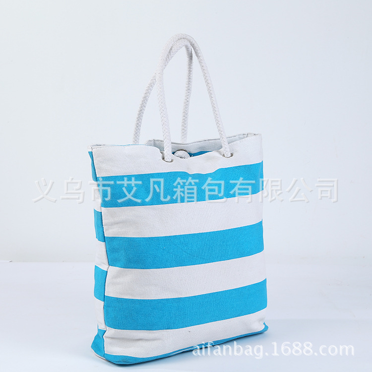 厂家直销条纹棉绳环保购物手提袋 欧美时尚文艺条纹纯棉拉链帆布