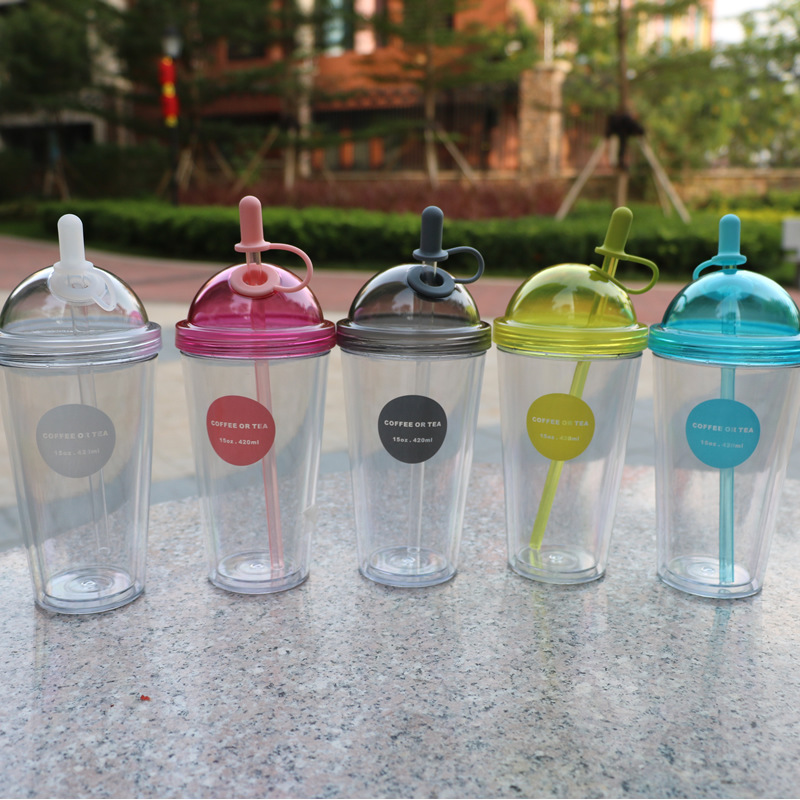 双层塑料杯带吸管杯果汁饮料食品级材料不含BPA FREE logo批发