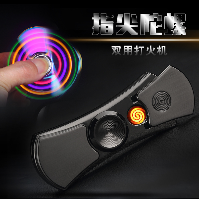 ZH-188金属手指尖陀螺旋转带灯USB充电打火机批发创意点烟器个性