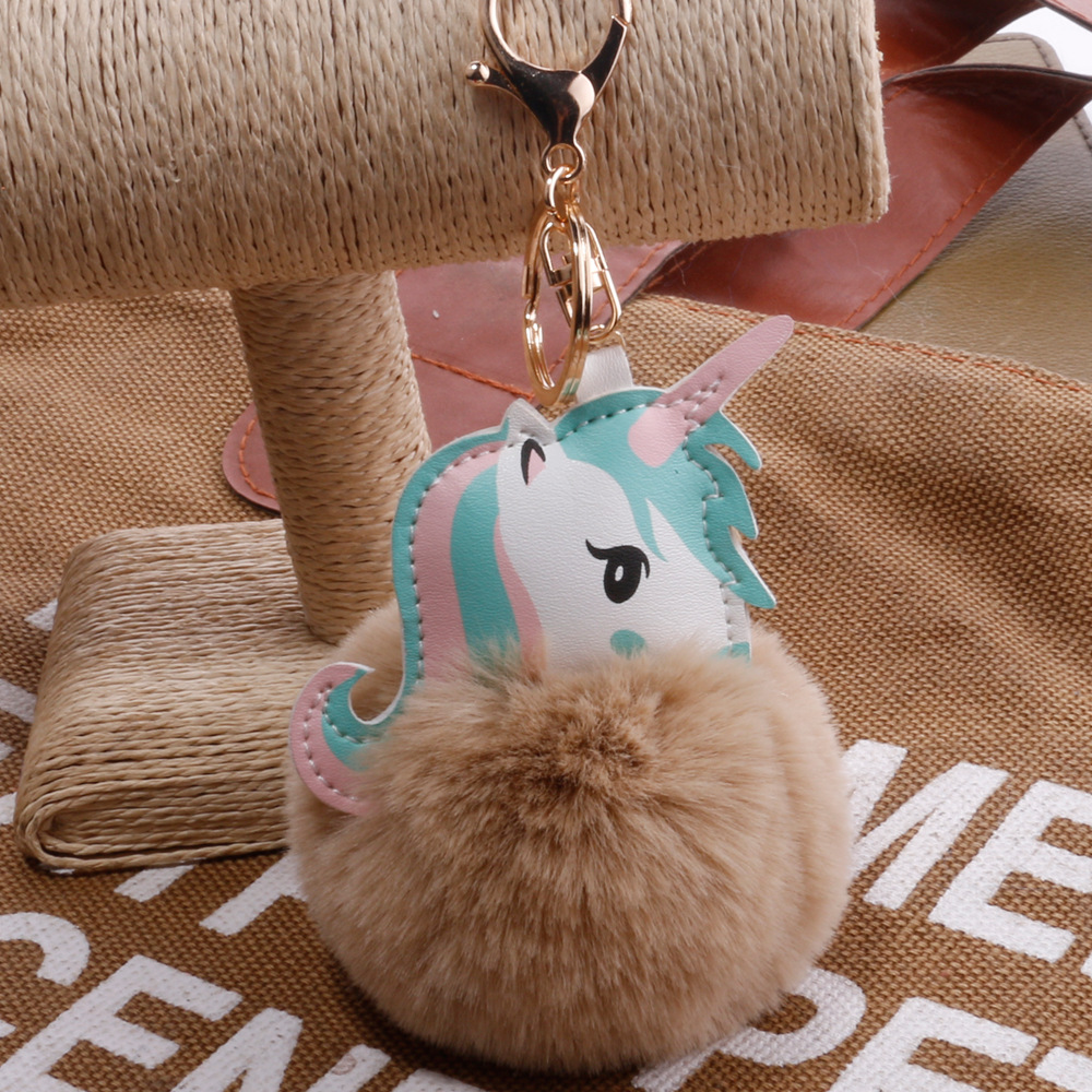 Unicorn Imitation Rex Rabbit Hair Ball Keychain Cartoon PU Pony Bag Plush Pendant Car Keychain Girlspicture4