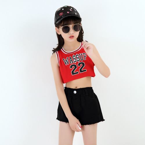 New Korean-style children's jazz dance performance costumes for girls, street dance red sporty tank tops, modern JAZZ performance.