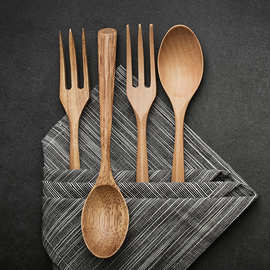 热销新品日式天然纯色创意三角手柄木质勺叉套装外贸原单餐具