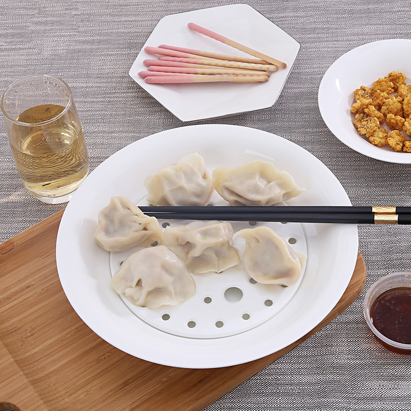 陶瓷圆形水饺盘子 创意圆形沥水双层陶瓷饺子盘菜盘深盘蒸盘家用