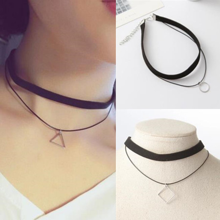 C033爆款雙層三角形圓形方塊簡約項鏈女鎖骨鏈脖鏈 頸鏈項圈頸帶