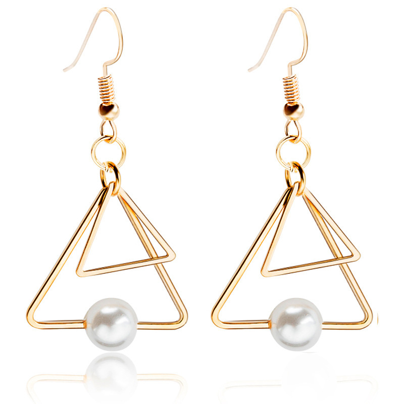 Hot Sale Multilayer Geometric Triangle Earrings Vintage Pearl Double Triangle Stud Earrings Wholesale display picture 6