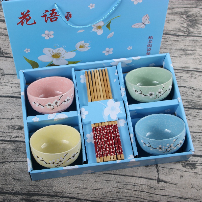 创意款雪花釉陶瓷碗礼品套装 餐具碗筷套装 陶瓷碗勺LOGO定制批发