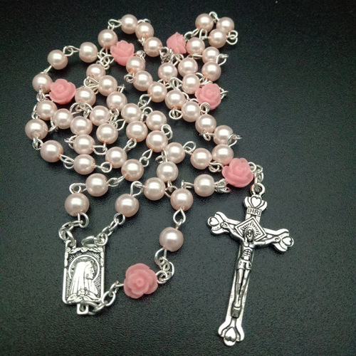 2pcs 6mm rose pearl Rosary necklace for women Cross christ catholic praying necklaces ornament