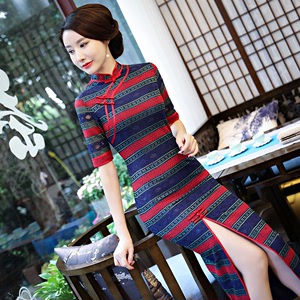Chinese dress qipao chongsam for women Lace elegant fashion cheongsam Front slit sexy mid-sleeve banquet cheongsam