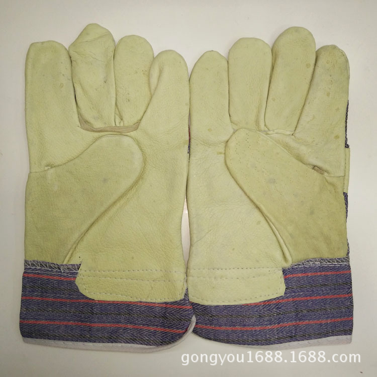 条纹布浆袖 猪头层全掌加半绒里防护手套 猪皮手套 头层皮手套