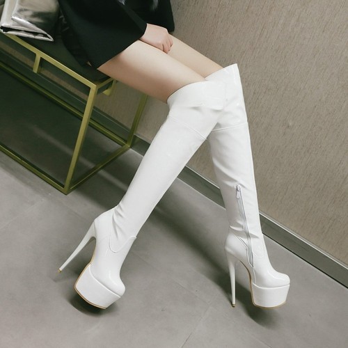 Red and white boots, wedding shoes, high thin heel over knee boots, pole dance women boots