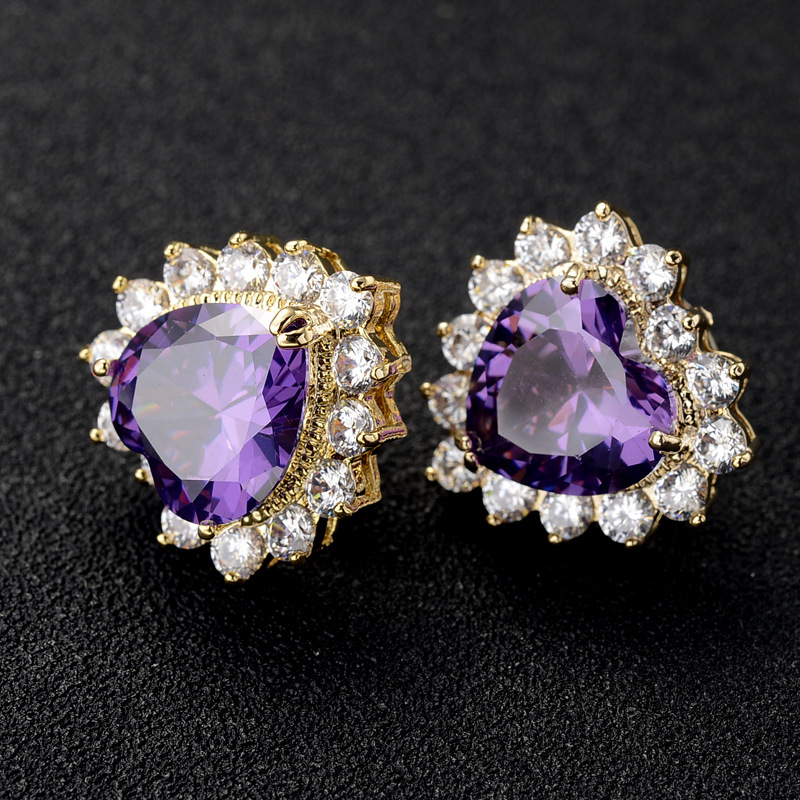 28g Weight Artificial Gemstones Inlay Material Earrings, Ear Studs Classification Wedding, Travel Occasion Copper Material Heart Pattern Women'S Gender Fashion Style Purple, Green, Silver Color Fashion Jewelry Simple And Sweet Inlaid With Aaa Zircon Heart-shaped Earrings 2