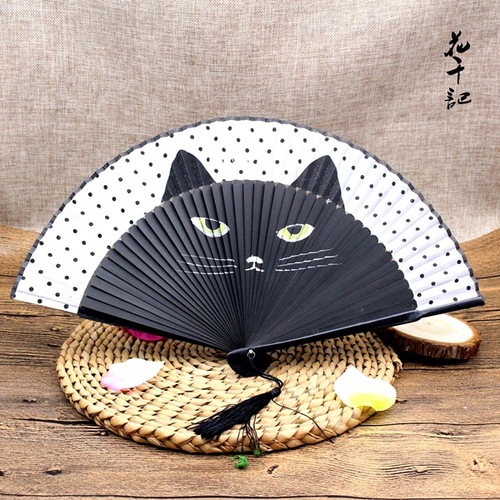 Chinese Fan Chinese Hanfu hand Fan Cat fan * real folding fan * Japanese craft fan * cartoon lady folding fan * * customized