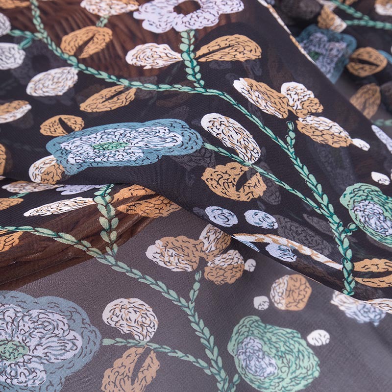 【翔龙印花 XL805】现货直供 黑白底植物花卉全涤印花雪纺面料