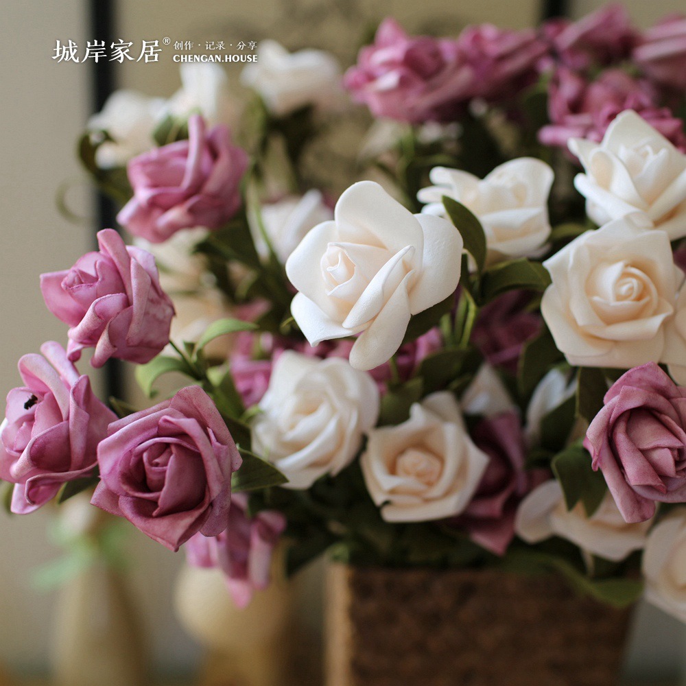 【城岸B0103】5头欧式玫瑰 PE泡沫仿真花假花绢花塑料花工厂批发