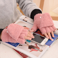 Korean version cute coral velvet half-finger flip cover keyboard glove, unisex winter thick warm plush glove