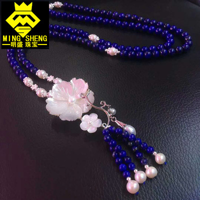 S925銀珍珠青金石毛衣鏈長款百搭衣服挂件飾品項鏈個性大氣秋冬女