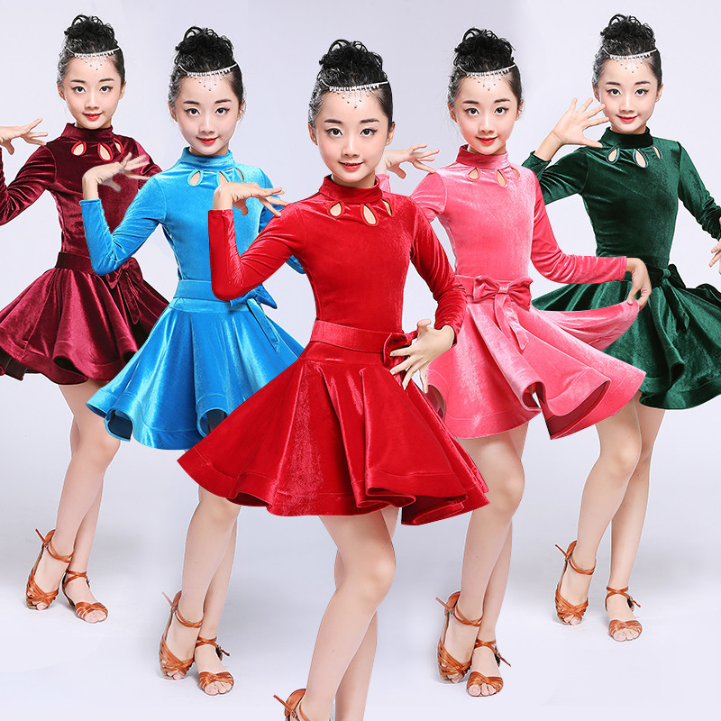 女童拉丁舞服装秋冬季拉丁舞裙儿童拉丁演出服加厚丝绒长袖练功服