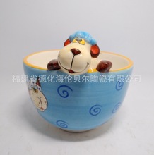 外销淡蓝色圆形彩绘陶瓷儿童碗 狗狗雕塑圆形彩绘儿童水果沙拉碗