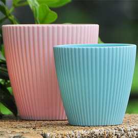 塑料花盆马卡龙彩色砂面树脂花卉桌面盆栽绿植工程竖纹创意花盆
