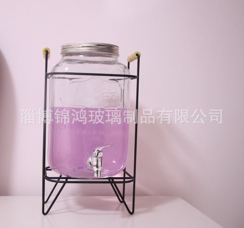 厂家一件代发5L 玻璃果汁罐 酵素自酿罐 泡酒瓶木把铁架