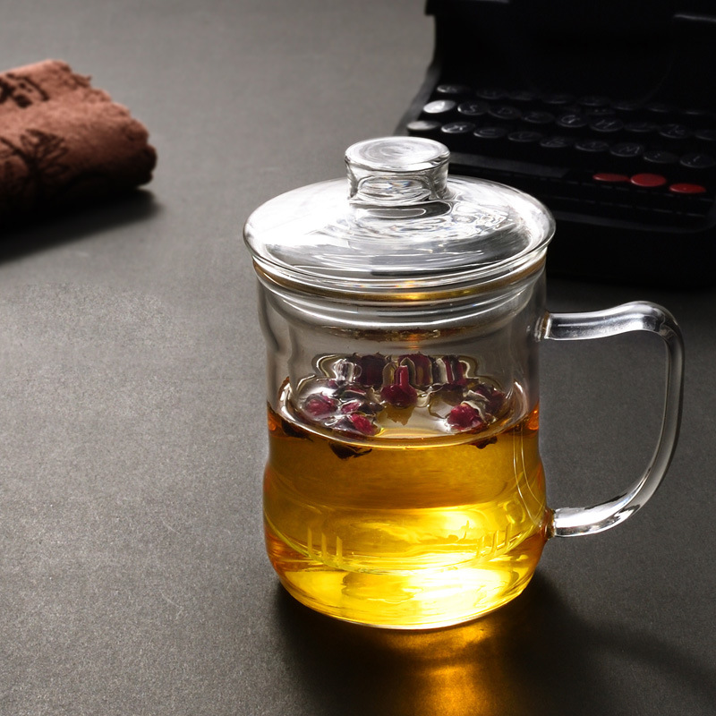 加厚耐热玻璃泡茶杯玻璃杯三件杯花茶杯带盖水杯办公个人茶杯
