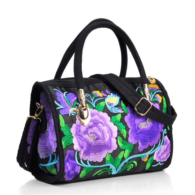 Estilo étnico bordado crossbody portátil de doble uso bolsa de tambor lienzo bordado floral bolsa de viaje hombro portátil bolso de las mujeres