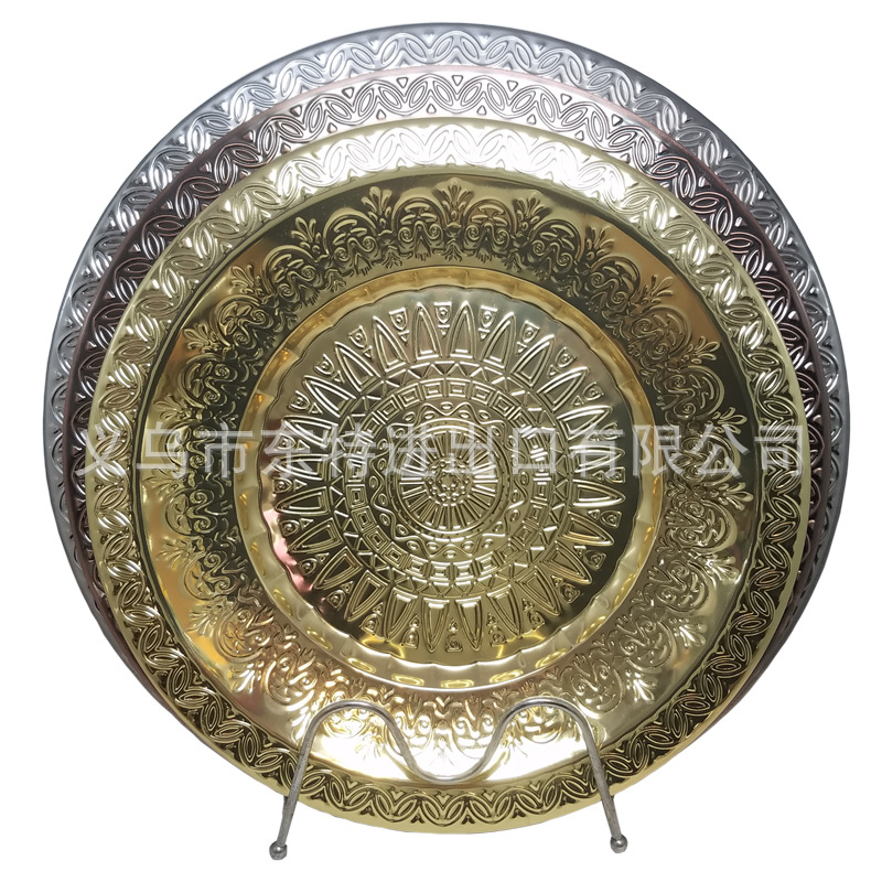 厂家直销不锈钢盘子镀金压花托盘西餐经典花盘圆形蔬菜水果盘详情图6