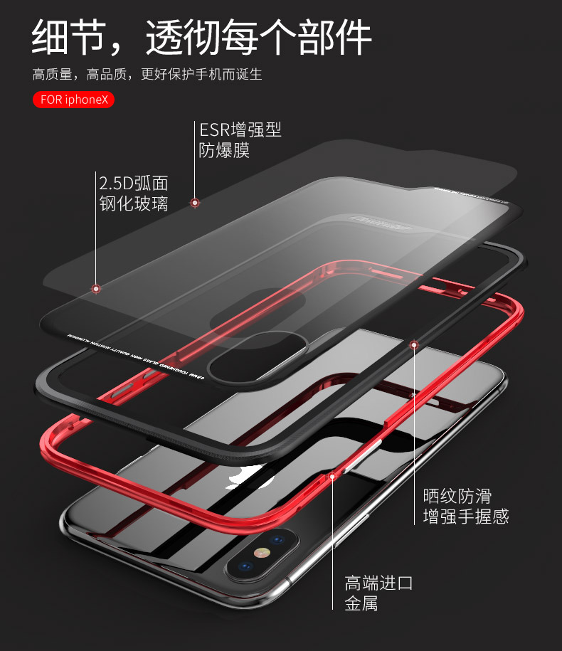 Luphie Clip-on Shockproof Aerospace Aluminum Bumper Toughened Glass Cover Case for Apple iPhone X