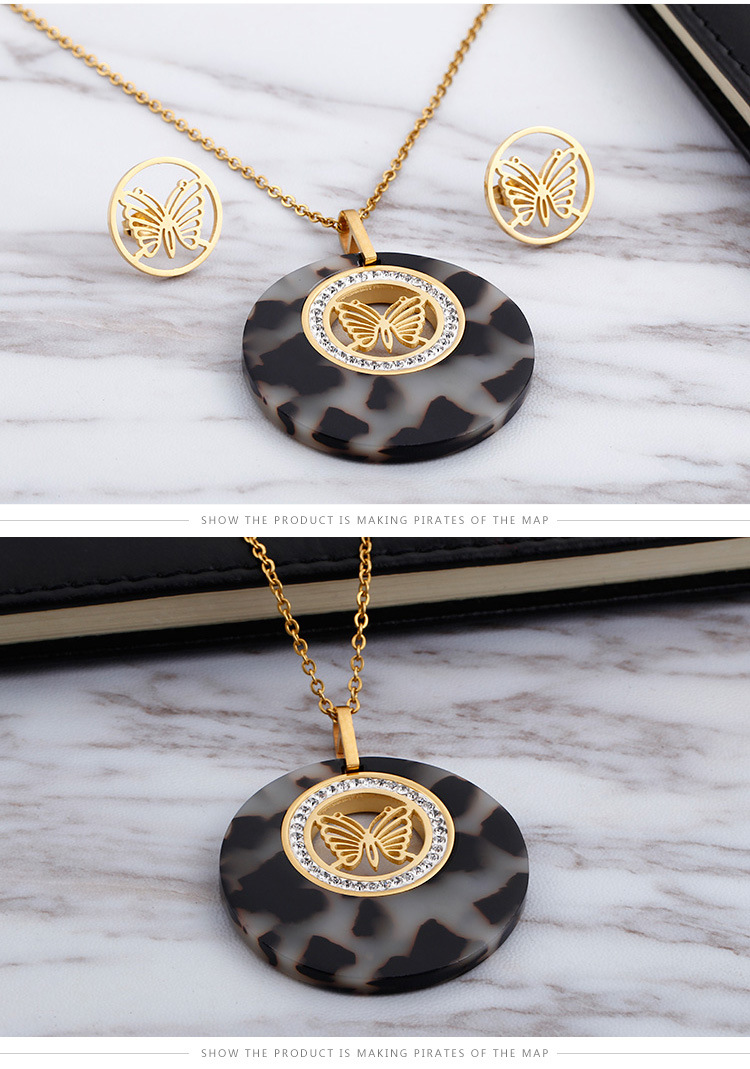 wholesale fashion stainless steel diamond round gold butterfly necklace earring set ornaments