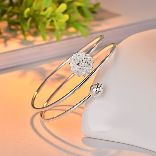 Lotus Silver Bangle Bracelet Pure Silver Women's Gift for Girlfriend Round Silver Bangle Open Silver Accessory Fine Multi-Ring Day-Korean Bracelet Accessory
