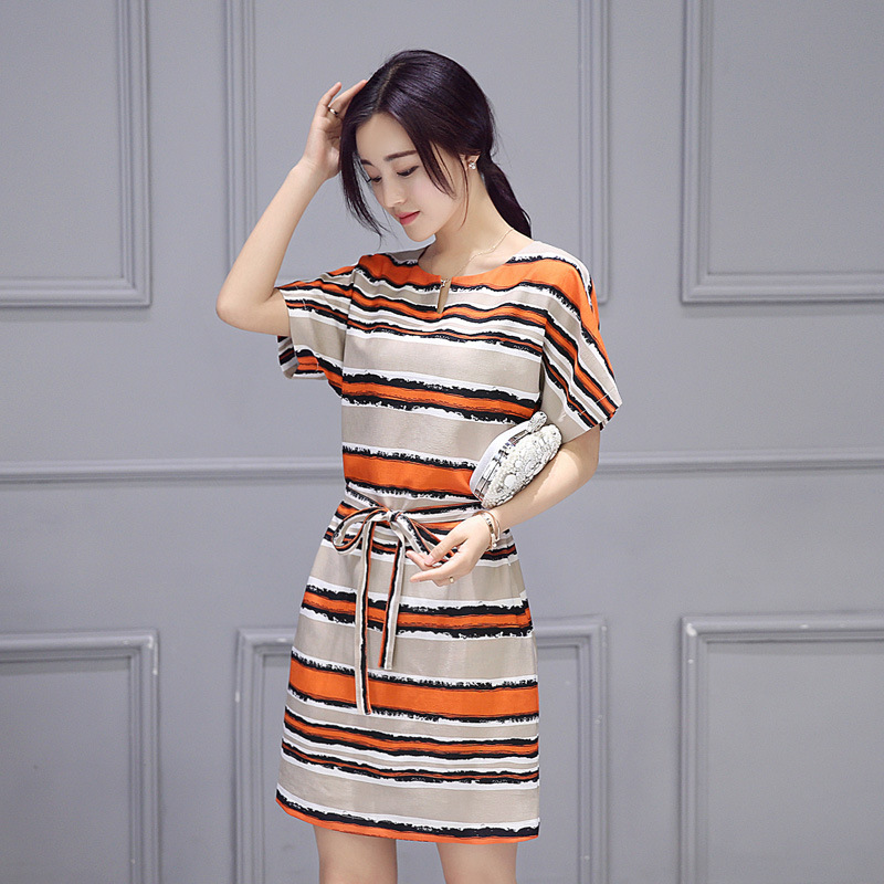 Papaya Milk Summer New Arrival Korean Style Fashion Shoulder Short Sleeve Striped Crewneck Lace-up Midi Slim Dress Papaya Milk Summer New Arrival Korean Style Fashion Shoulder Short Sleeve Striped Crewneck Lace-up Midi Slim Dress