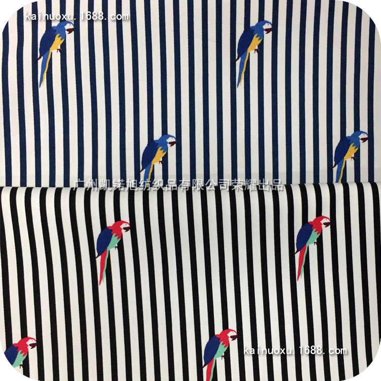 全棉高密斜弹力印花 经典条纹动物鹦鹉 裤子印花布 衬衫印花面料
