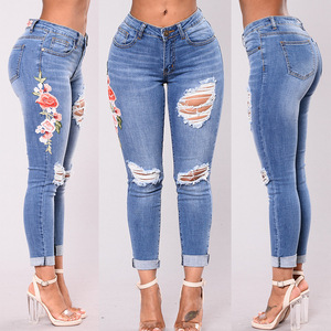 Europe women wear hole high waist elastic embroidered little jeans