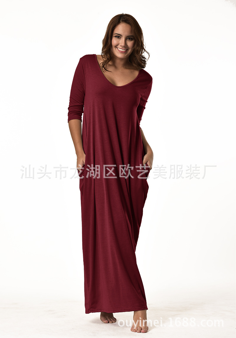 Loose Fit Solid Color Maxi Dress Casual Style Plus Size Long Sleeve Ideal for Autumn and Winter Wholesale Available